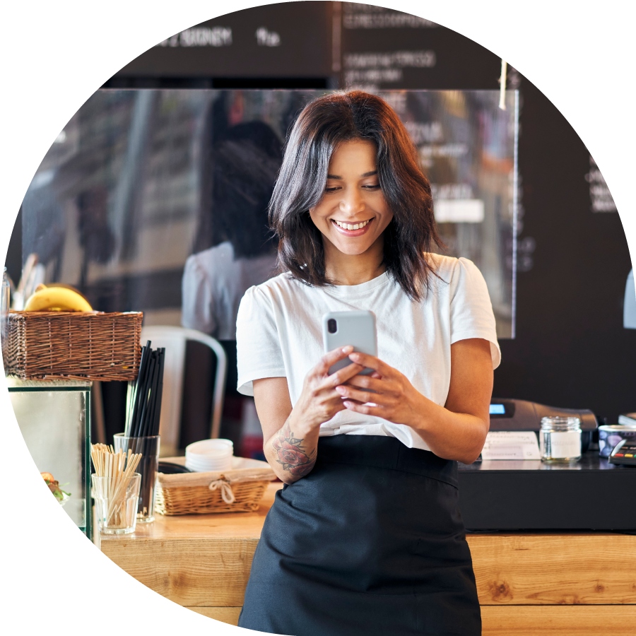 Lady using mobile phone for hospitality training
